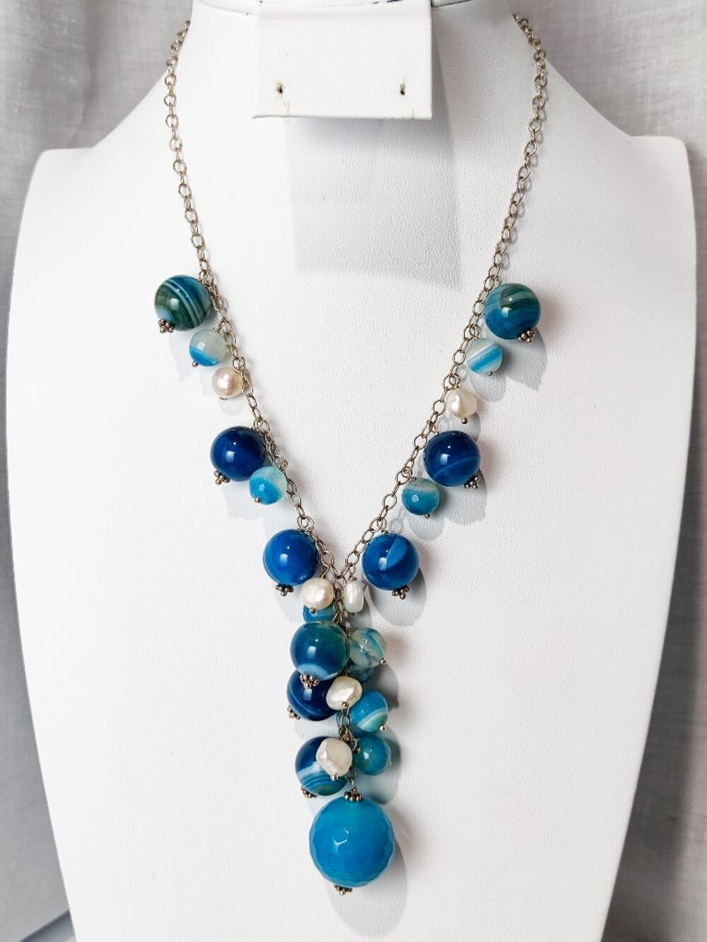 Vintage 925 Sterling Blue Agate Pearl Y Drop Necklace
